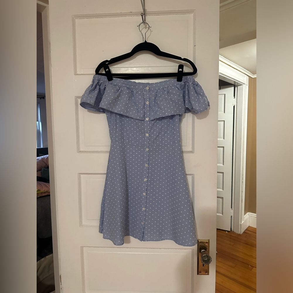 Blue Off the Shoulder Button Down Dress - Picture 2 of 11